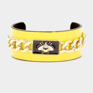 Pearl Honey Bee Yellow Enamel Chain Cuff Bracelet
